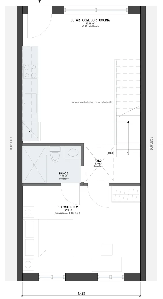 Propuesta B: estar, comedor y cocina al norte y un dormitorio al frente